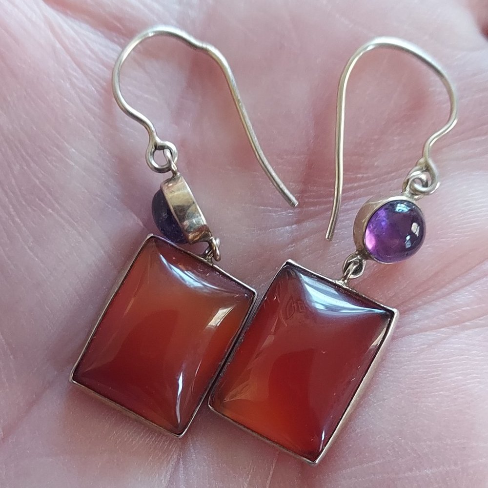 .925 Sterling Carnelian & Amethyst Dangle Earrings Gemstone Drops - Picture 3 of 4